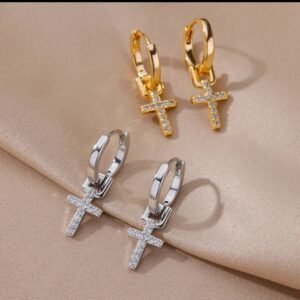 Créoles pendantes croix pavée zircons