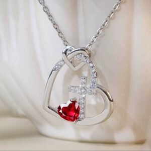 Collier cœur croix zircon rouge